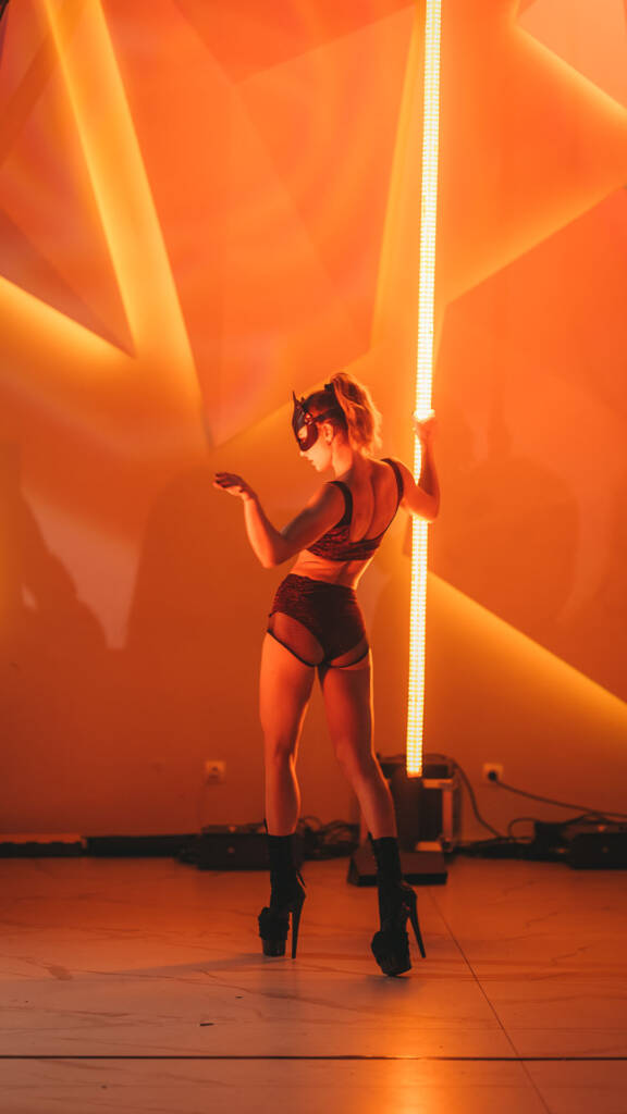 Akrobatika na svetlećoj šipci – Exotic za klubove, festivale i VIP evente. Leteća šipka, velike štikle, programabilno svetlo i moćna atmosfera stvaraju upečatljiv noćni performans.